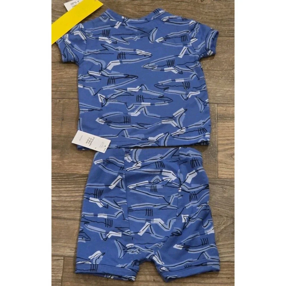 Baby Gap Shark PJ Short Set in blue with an allover shark print - 6 to 12 Mths